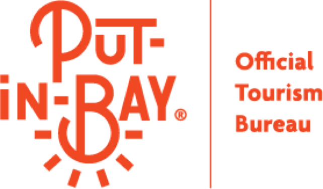 Logo with the text "Put-in-Bay" stylized with sun rays below, and "Official Tourism Bureau" written to the right.