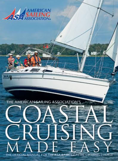 A sailboat with people on board sailing on the water, with trees in the background and text overlay reading "Coastal Cruising Made Easy."