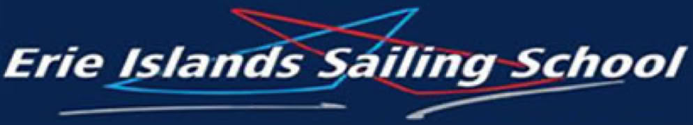 "Erie Islands Sailing School" text on a dark blue background with red and blue abstract lines.