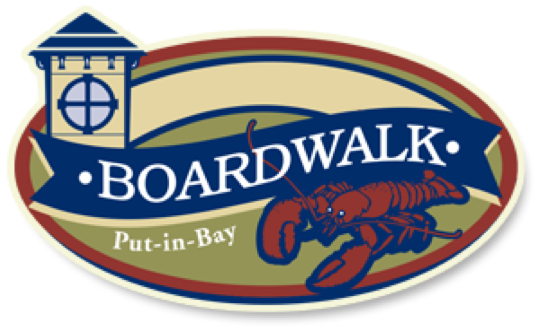 Oval logo with the word "Boardwalk" in the center, a lobster illustration, and a small tower icon on the left. The text "Put-in-Bay" is below.